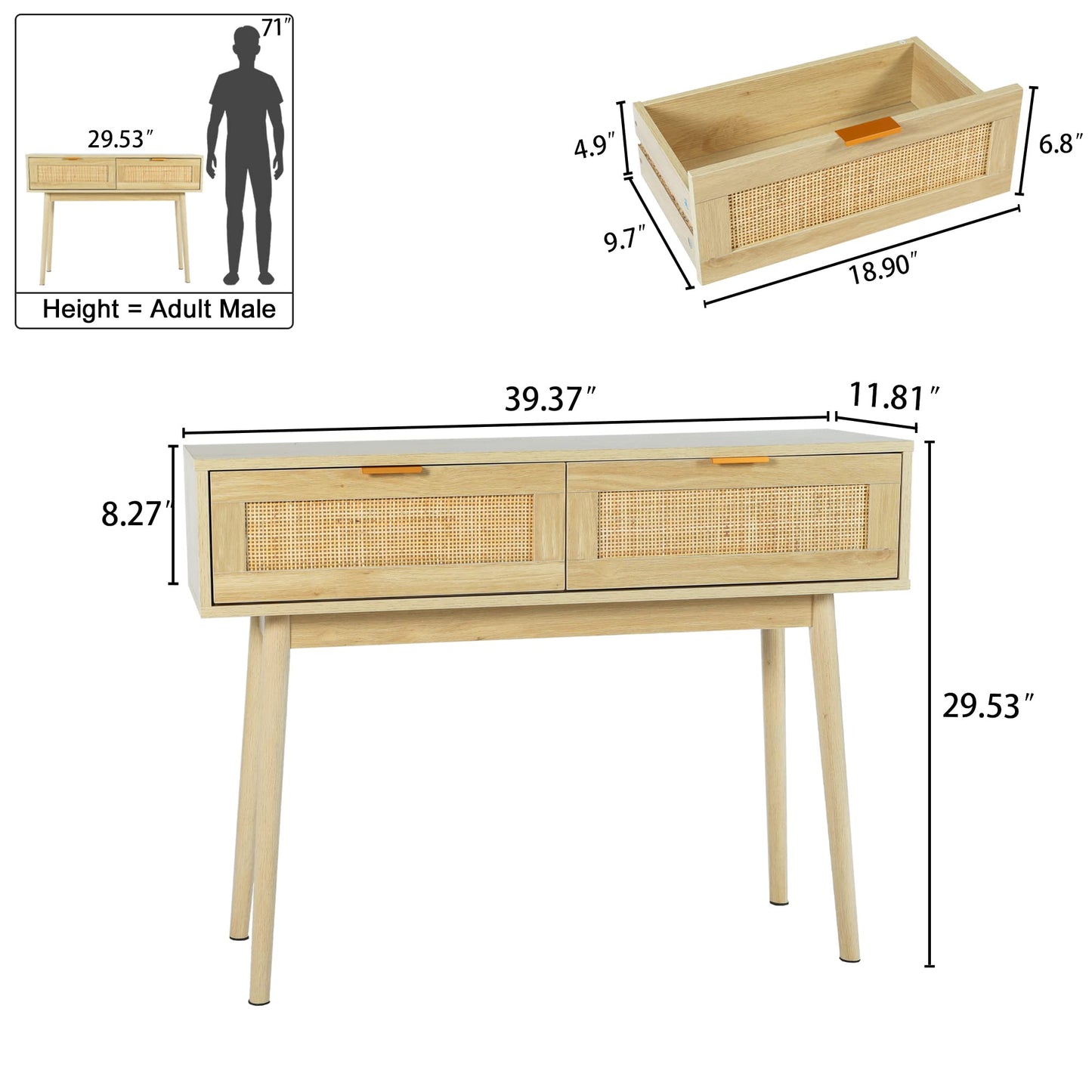 HOPUBUY Console Table Rattan Desk with Drawers, Oak Narrow Sofa Table with Pine Leg, Modern Small Entryway Table for Hallway and Living Room, 39" Rustic Natural