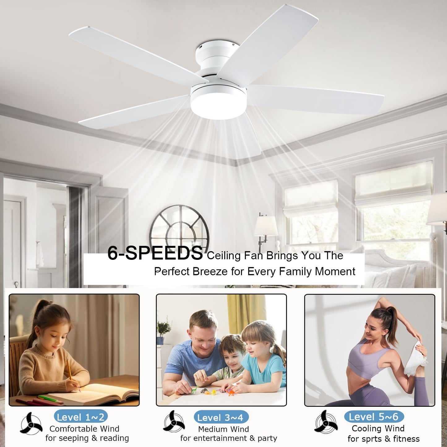 Nkpu White Ceiling Fans With Lights, 48Inch Low Profile Ceiling Fan With Light And Remote/App Control, Flush Mount, Reversible,
