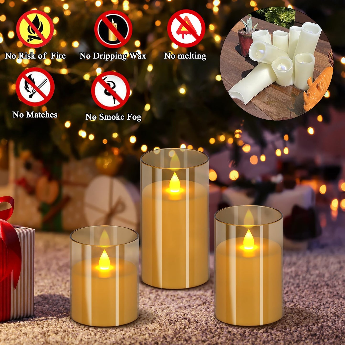 wemarry Flameless Candles 4" 5" 6" Set of 12 Acrylic Glass Pillars 3" Diameter Battery Operated Flickering Candles Include 8-Key Remote with Timer Function 400+ Hours (Amber, 12 Pack)