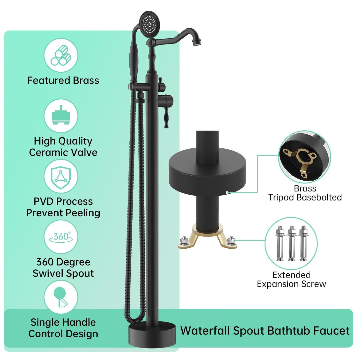 Hoimpro Free Standing Tub Faucet Freestanding Tub Filler Bathtub Faucet Stand Alone Floor Mounted Bathtub Faucet Set Handheld Sprayer Brass Matte Black