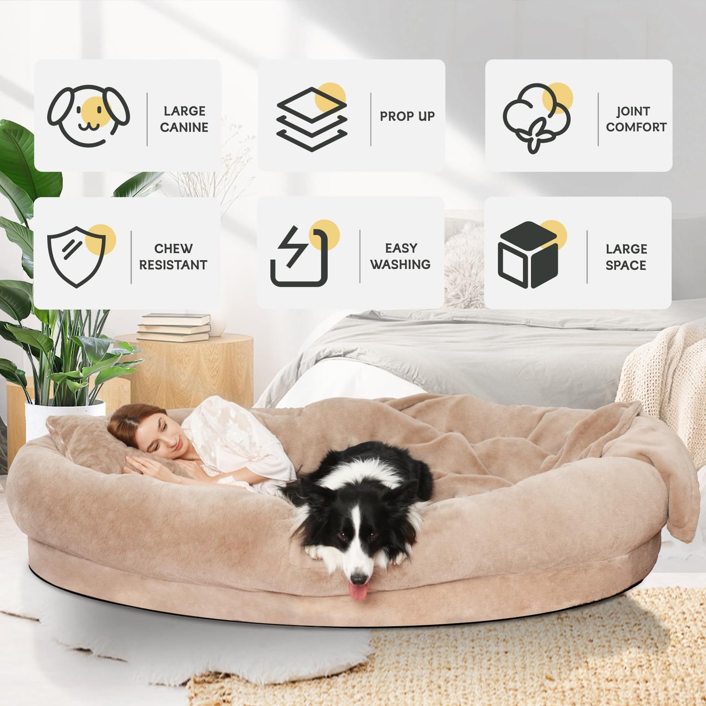 Fvkind Human Dog Bed for Adults, 71"x51"x12" Washable Orthopedic Size, Faux Fur Removable, Cozy Large Present with Blanket and Pillow, Khaki