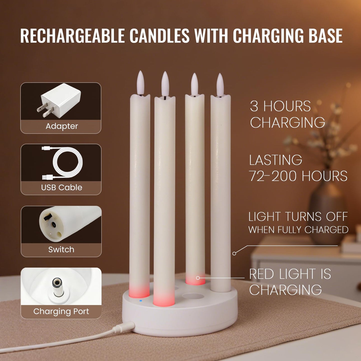 Rechargeable Flameless Taper Candles, 6 Pcs Real Wax Rechargeable LED Candles Flickering with Remote Timer and Charging Base, Battery Operated Candlesticks for Christmas Wedding Party Home Decor
