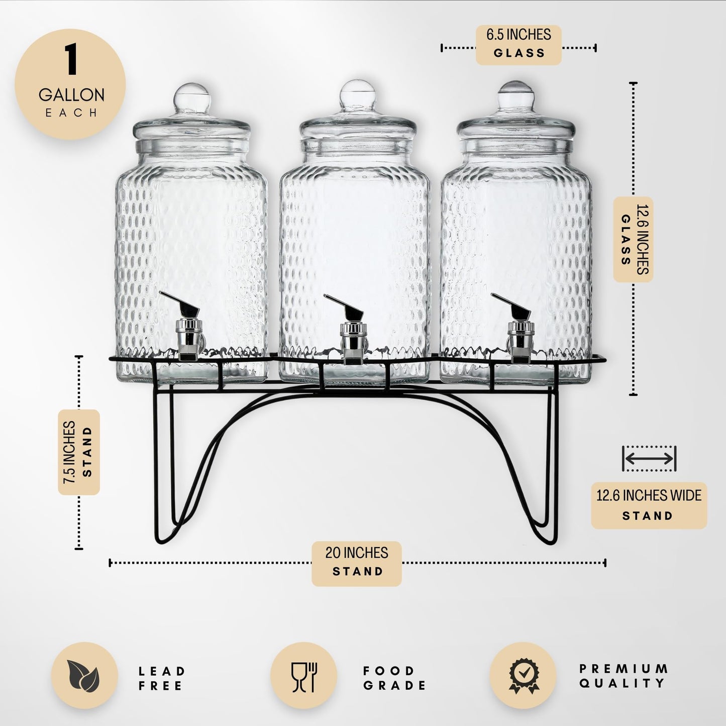Drink Dispenser Set of 3 - Beverage Dispenser with Stand - Glass Drink Dispensers for Lemonade, Juice, Water, Iced Tea, Punch - 1-Gallon Countertop Party Drink Dispensers