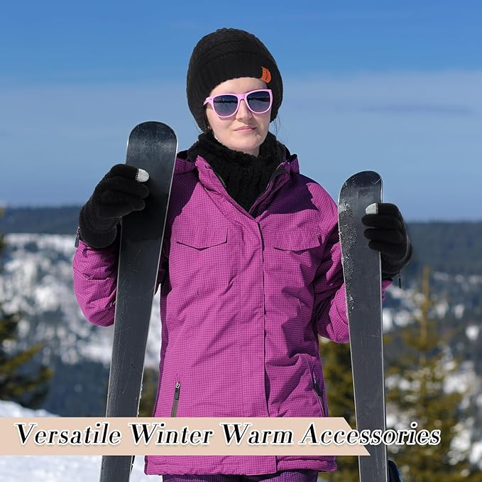 5 Pieces Women Winter Warm Set Knit Beanie Hat Scarf Touchscreen Gloves Earmuffs Stockings 5 in 1 Ski Outing Set for Gift