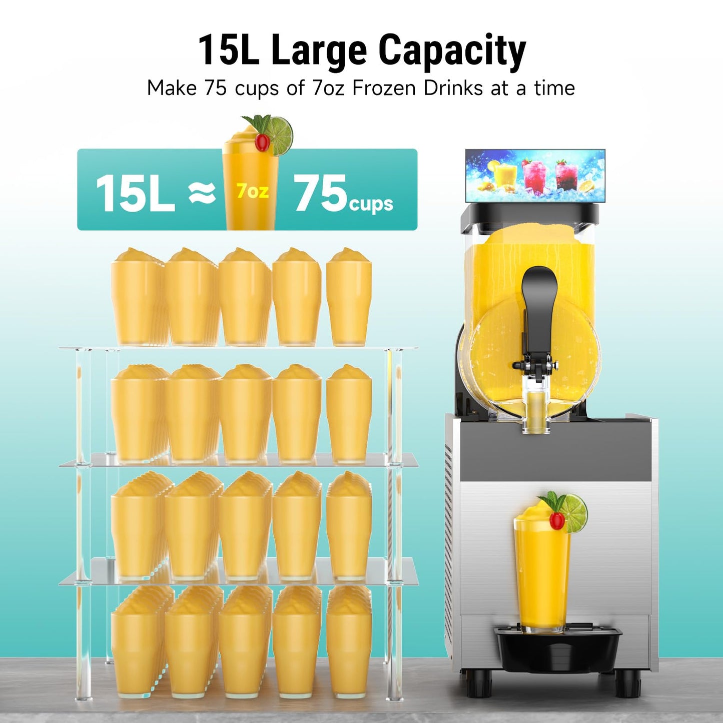 15L Commercial Slushy Machine with LED Light, 15L×1 Tanks Commercial Frozen Drink Machine, Stainless Steel Margarita Slushie Maker, Quick Making, for Wine Cocktails, Daiquiri Juice, Coffee