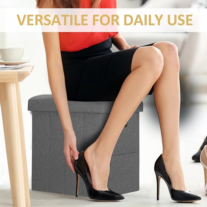 Emosoon Tall Ottoman with Storage Collapsible Fabric Small Slim Folding Ottoman Furniture with Handles Lid for Room Footrest Foot Stool Linen Grey 16.5x16.5x11.8in