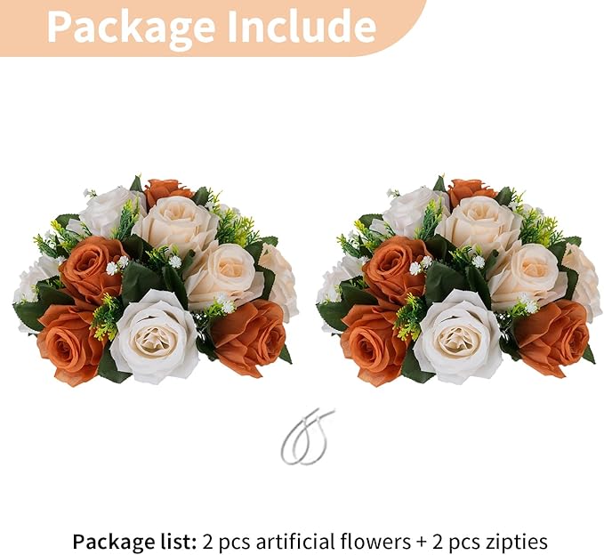 NUPTIO Terracotta Flower Ball Centerpieces: Artificial Rose Kissing Balls for Wedding Party Tables - 2 Pcs Faux Silk Floral Arrangements for Fall Home Thanksgiving Event Dining Decorations