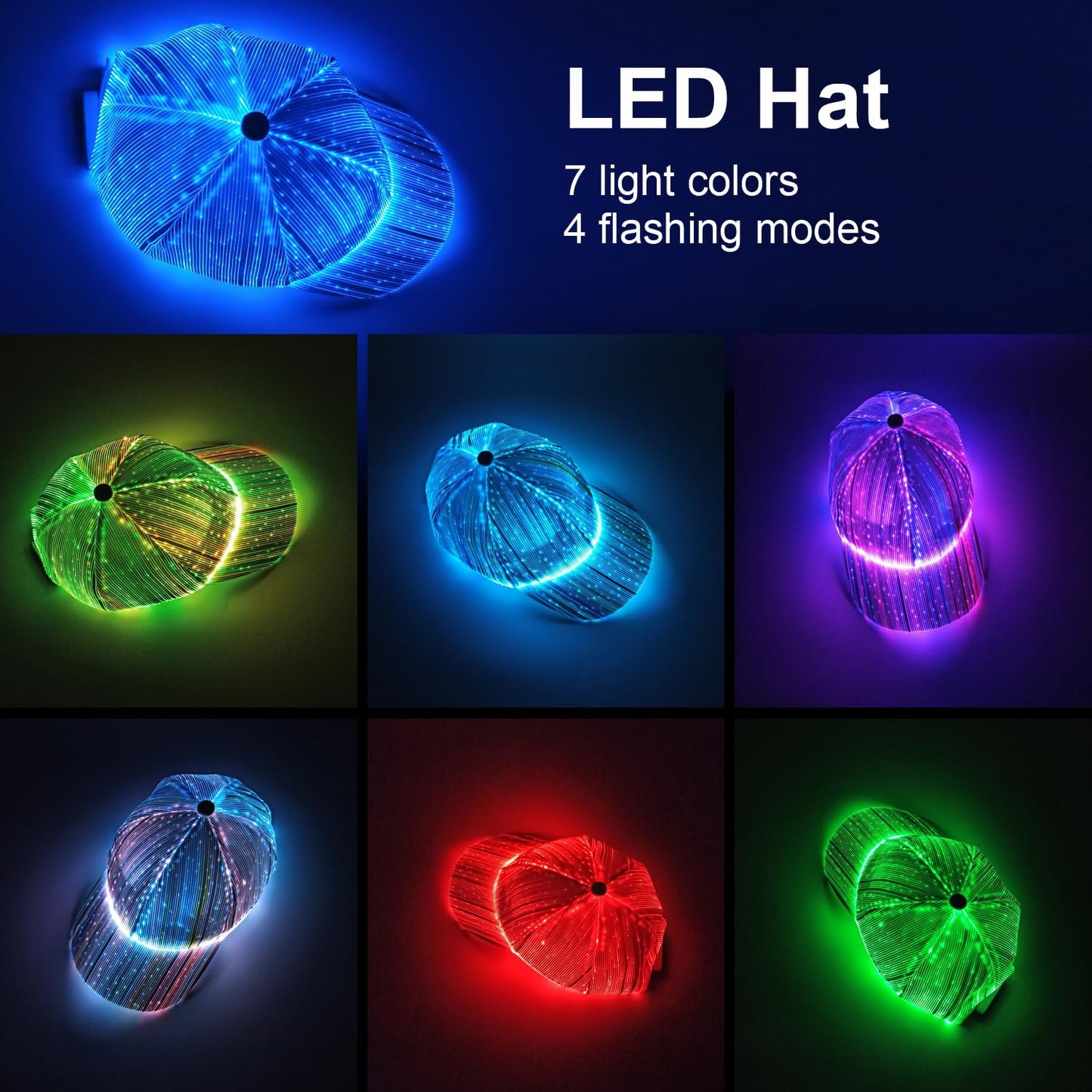 Ruconla Fiber optic cap LED hat with 7 colors luminous glowing EDC baseball hats USB Charging light up caps even party led crazy cap for event holiday