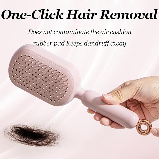 Self Cleaning Hair Brush, Retractable Hair Brush, Retractable Cushion Massage Comb, Easy Clean, One-pull Clean Anti Static Brushs, Hairs Styling Tools for All Hairs Types (Pink)