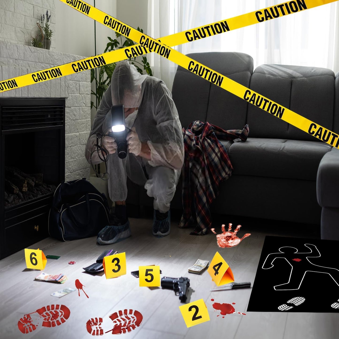 Akide Halloween Crime Scene Decorations Kit Have A Killer Birthday Banner Body Silhouette Crime Scene Tape Evidence Markers Mugshot Backdrop for Detective Murder Mystery Dexter Party Decorations