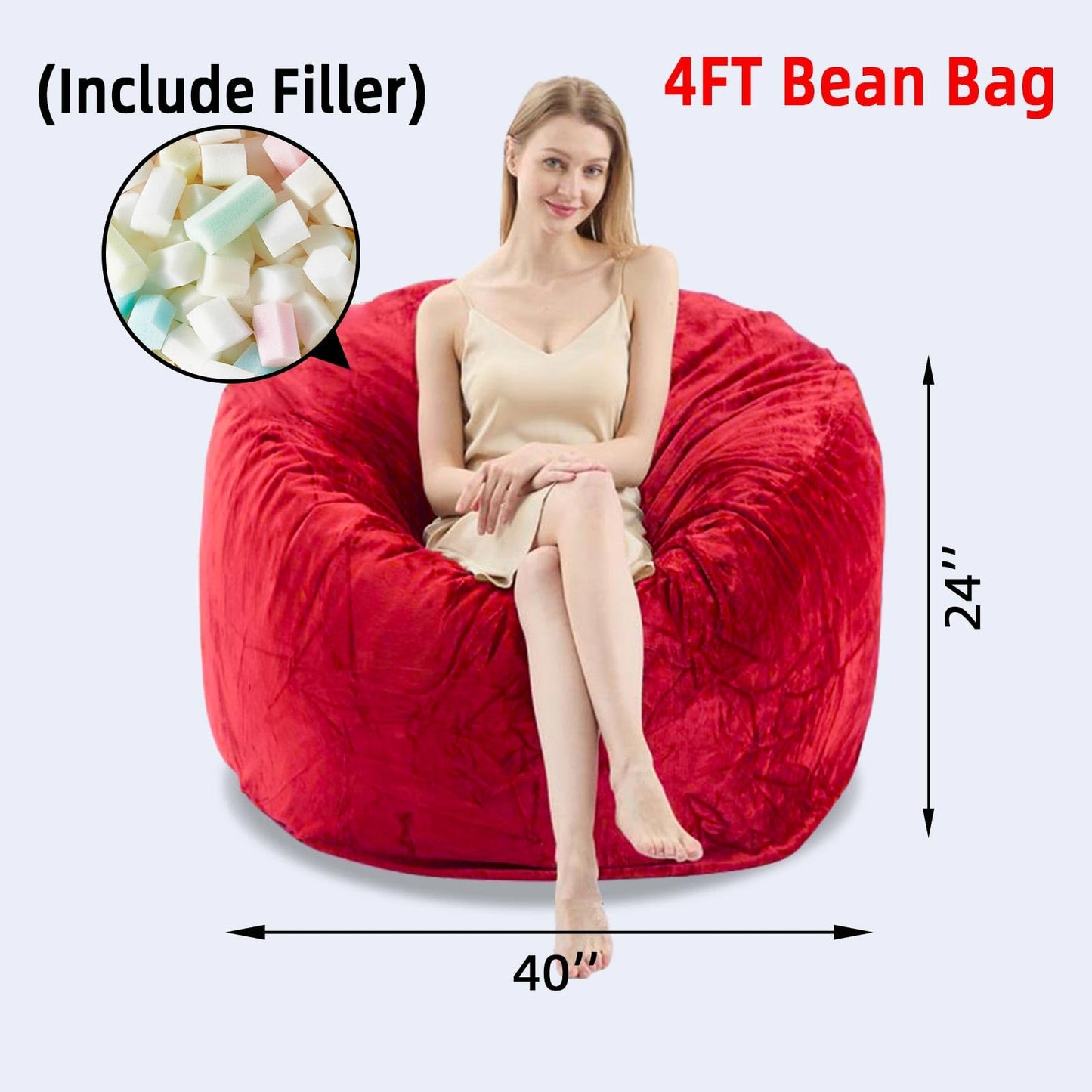 4FT Bean Bag Chairs for Adults,Bean Bag with Filler Included,Memory Foam Chair,with Flannel Cover, Detachable and Washable, Suitable for Lounge Chairs in bedrooms Dormitories (Red, 4FT)