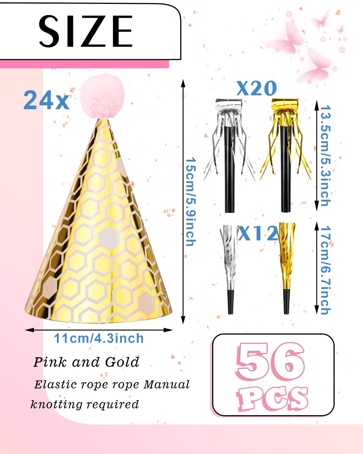 JOYEONDEF 56 Pcs Pink and Gold Birthday Party Hats Gold Cone Hats Includes 24 Birthday Paper Hats and 32 Noise Makers for adults kids women