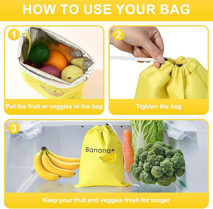 2 Pack Banana Storage Bags, Reusable Produce Saver Pouches For Fruits & Vegetables, Foil Lined Food Preserver Bags To Keep Bananas Fresh, Extend Freshness & Shelf Life in Refrigerator
