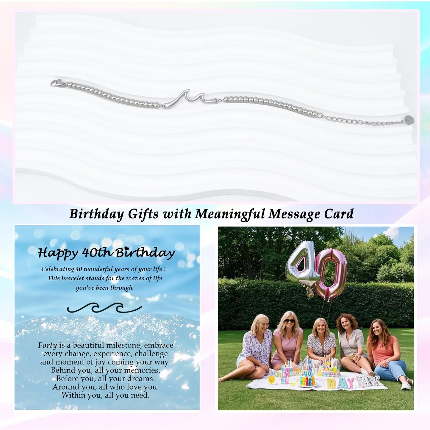 YBISNAIRE 40th Birthday Bracelet Gifts for Women, Silve Wave Bracelet Happy 40 Birthday Gifts for Her 40 Year Old Woman Wife Mom Aunt Woman Daughter Sister Bestie Friend with A Sentimental Gift Card