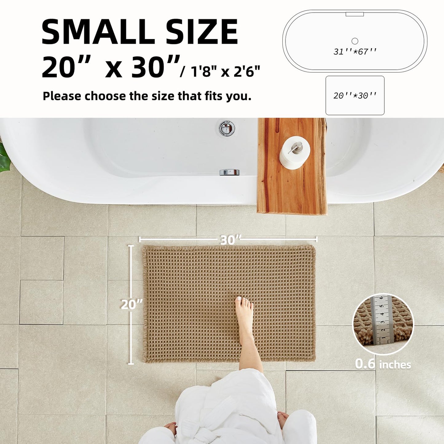 TYUU Waffle Bath Mat, Boho Bathroom Rugs Non Slip Washable Super Absorbent Quick Dry Farmhouse Bathroom Decor, 30"x20" Khaki
