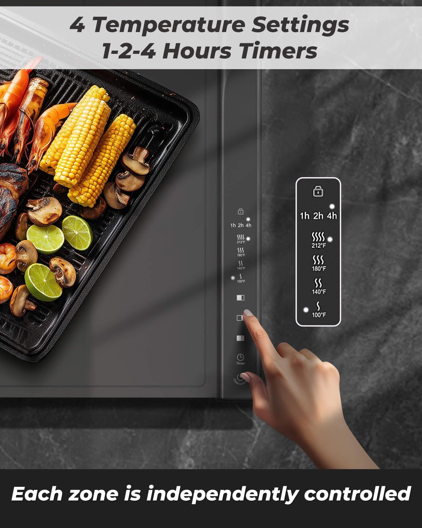 Food Warming Mat with Dual Heating Zones, 4 Temp Settings, Silicone Easy-Clean, Auto Shut-Off, Timer, Child Lock, Portable for Buffet, Party & Travel, 350W, 120V(AC), (Gray, Large)