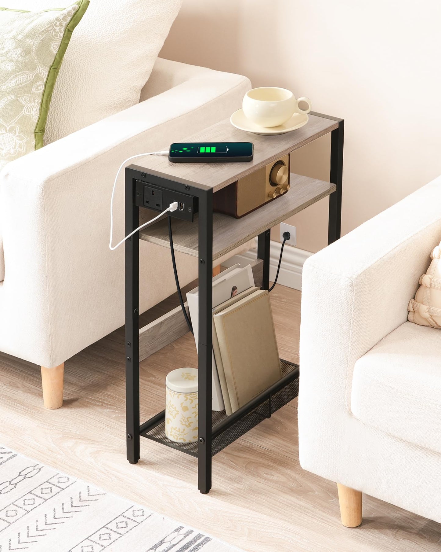 CHOEZON Side Table with Charging Station, Narrow End Table, Slim Nightstand for Small Space, Skinny Beside Table with Storage, for Living Room, Bedroom, Greige and Black DTBZ05KBH