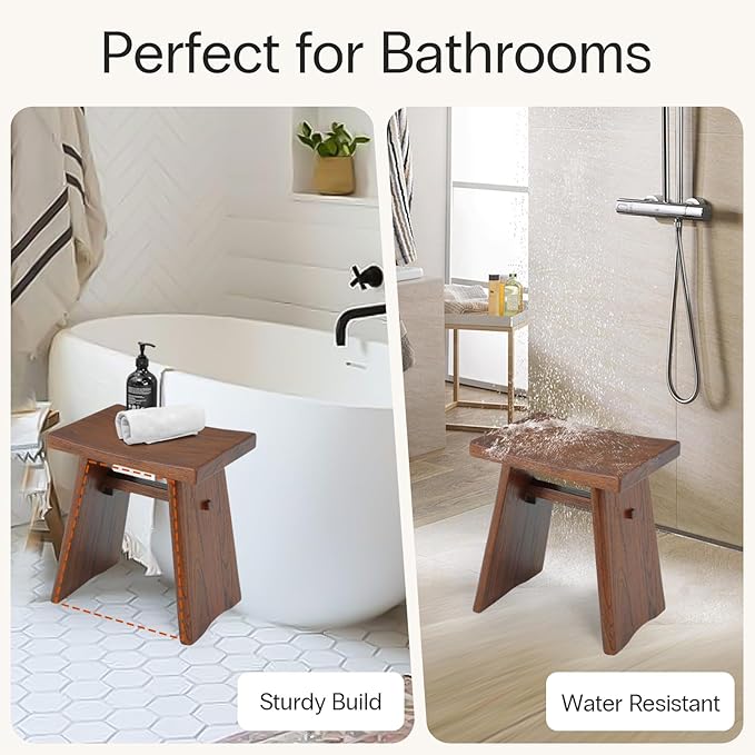 StrongTek Teak Shower Stool, 18-Inch Solid Teak Wood Bath Seat Bench for Bathroom, Spa & Home, Ergonomic Curved Seat, Water-Resistant, 350 lbs Capacity, Stable Structure & Smooth Finish, Dark Brown