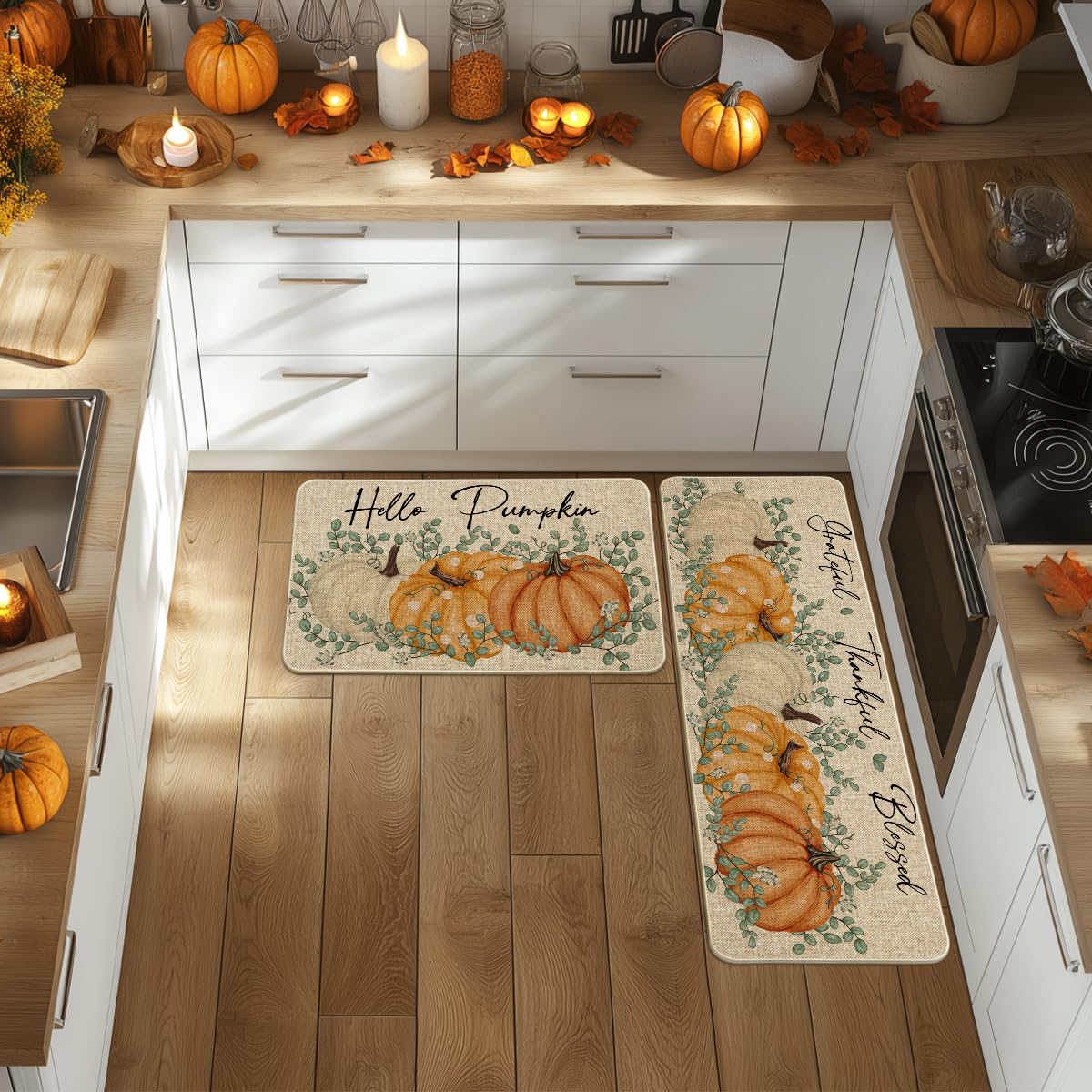 Artoid Mode Orange Maple Leaves Happy Fall Y'all Kitchen Mats Set of 2, Thanksgiving Home Decor Low-Profile Kitchen Rugs for Floor - 17x29 and 17x47 Inch
