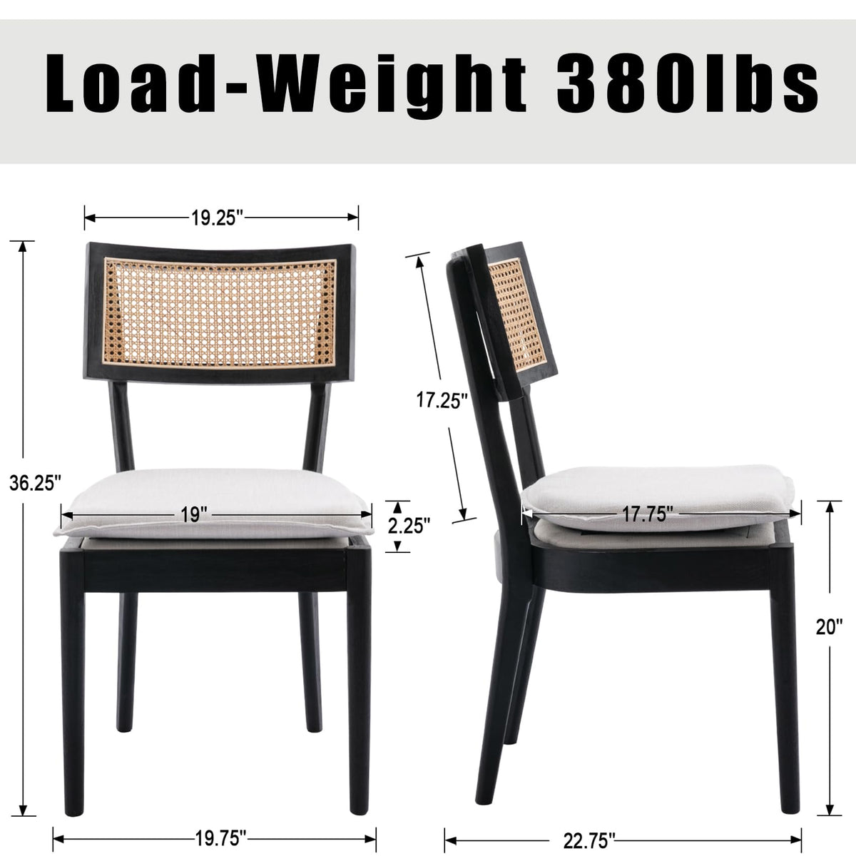 ZH4YOU Black Rattan Dining Chair Set of 1, Linen Upholstered Kitchen Accent Chair with Cane Back French Country Side Chair with Brushed Wood Frame for Dining Room Living Room Bedroom