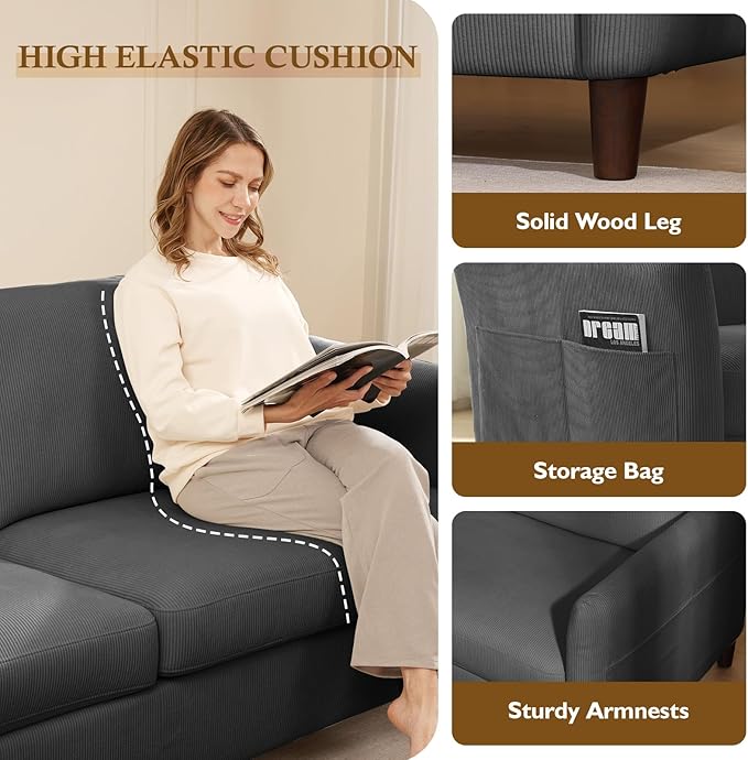 Valthie Convertible Sectional Sofa,Corduroy L-Shaped Couch with Reversible Storage Chaise,3-Seater Sofa with Side Pocket for Living Room,Bedroom and Office, 106.7",Grey