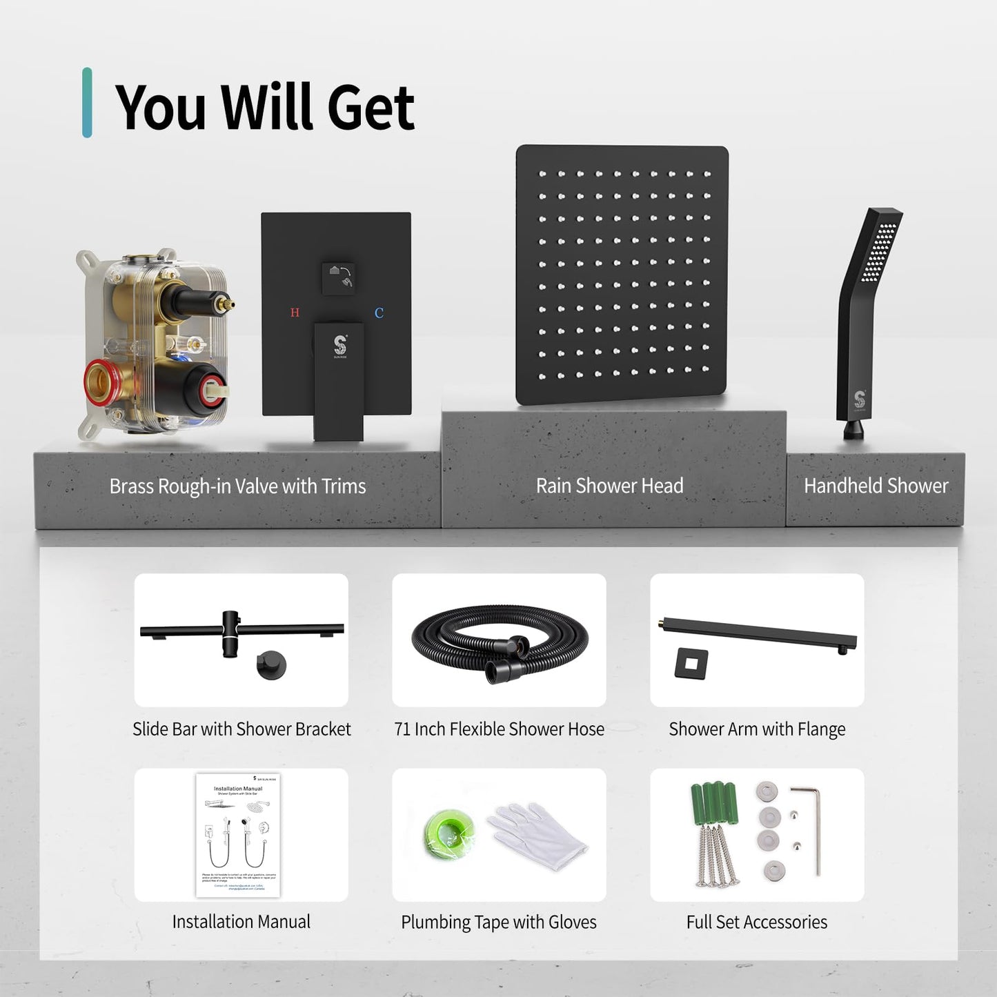 SR SUN RISE 12 Inch Slide Bar Shower Faucet Luxury High Pressure Shower Heads and Handheld Spray Combo Set Wall Mounted Shower System Included Valve and Trim Kit, Matte Black
