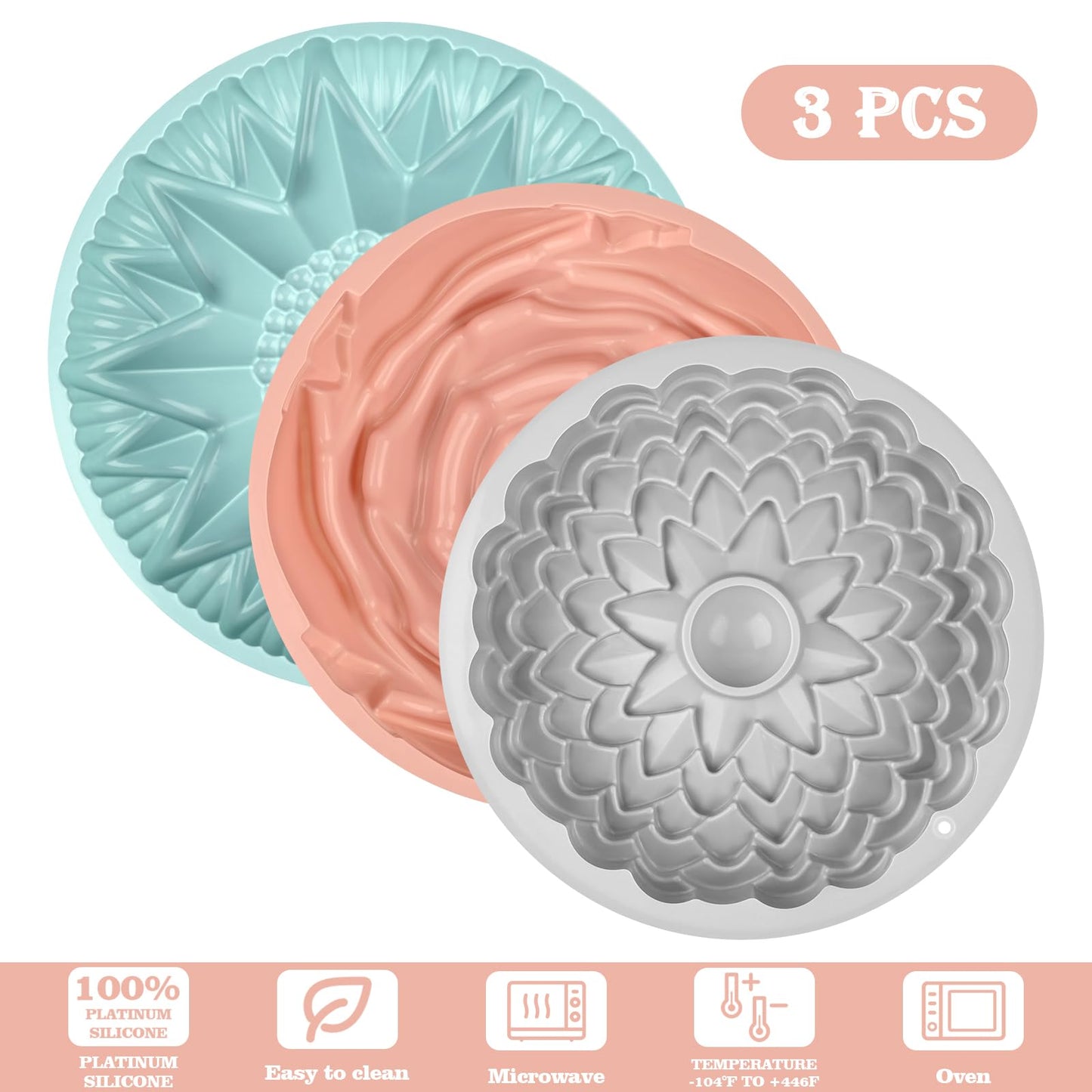 Sakolla 3 Pack Flower Shape Silicone Cake Molds, Large Round Silicone Molds for Baking Cake, Breads, Pies, Tarts, Jello (Rose, Chrysanthemum, Sunflower)