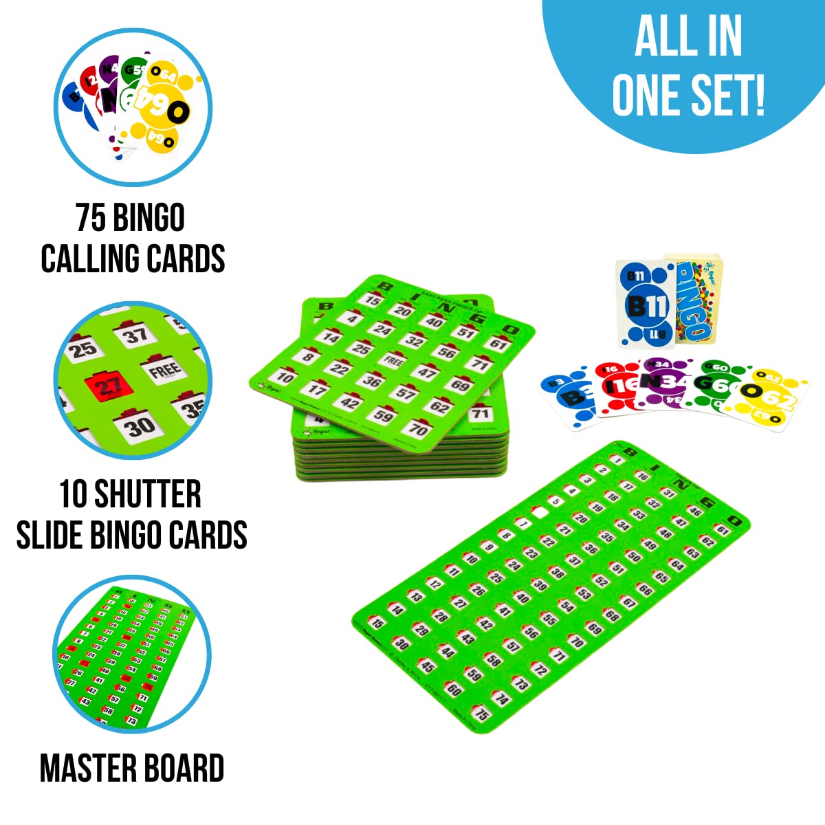 Regal Bingo 10 Bingo Cards with Sliding Windows, Bingo Calling Cards Deck & Master Board Bulk Kit - Reusable Large Print Bingo Game Set for Adults & Seniors Large Group - (Jumbo, Green)