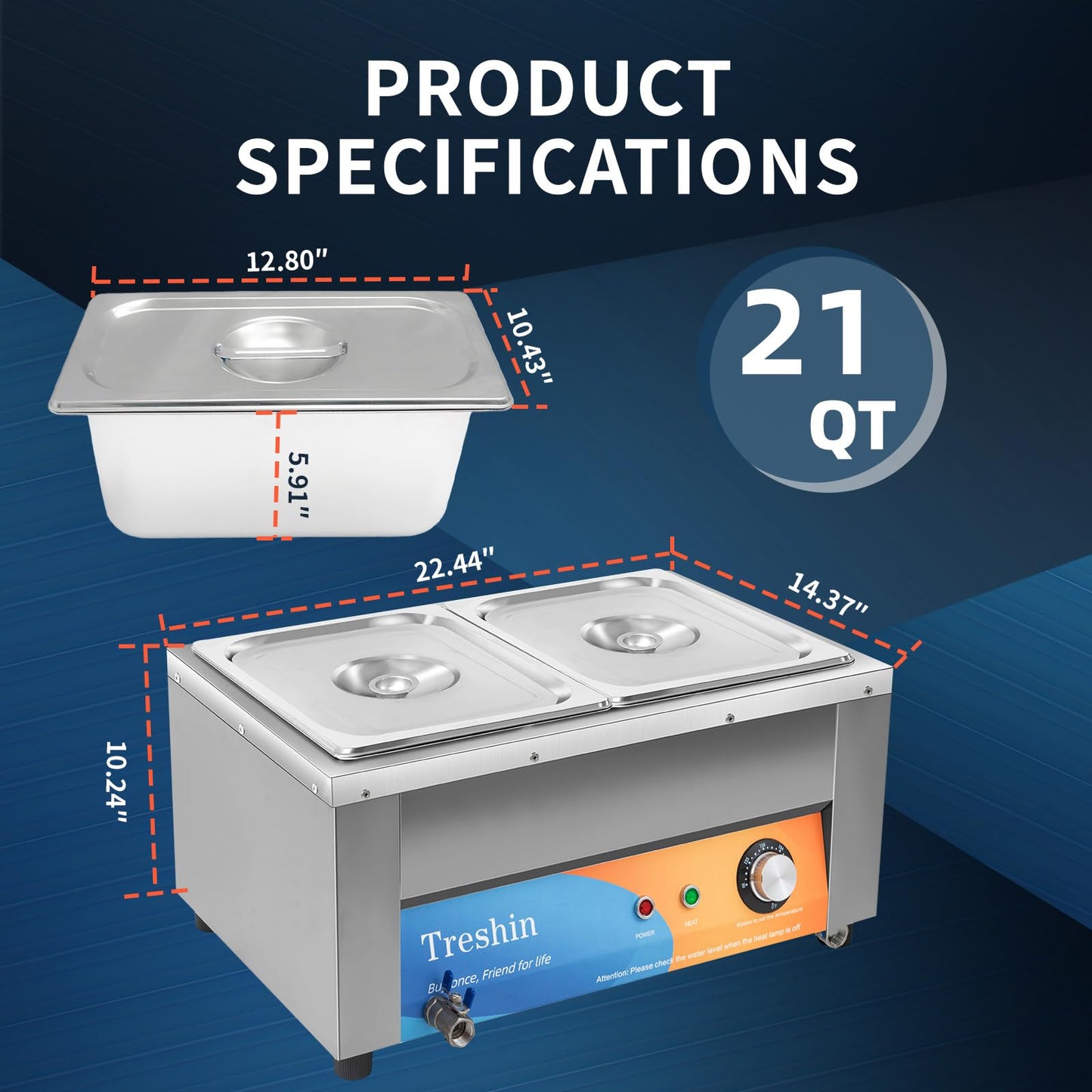 Treshin 2 Pan Commercial Food Warmer 21 Qt Capacity 1200W Stainless Steel Electrical Bain Marie Buffet Food Warmer Steam Table with Temperature Control & Lid for Home, Party, Catering, Restaurants