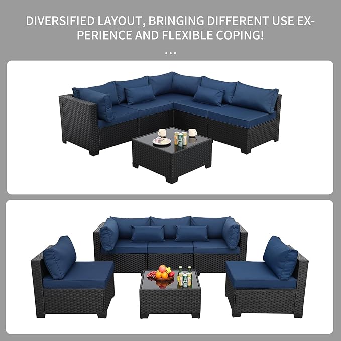 Patio Sectional 6 Pieces All-Weather Wicker Patio Furniture Set Outdoor Sectional with Glass Patio Table Non-Slip Cushions and Waterproof Covers, Navy Blue