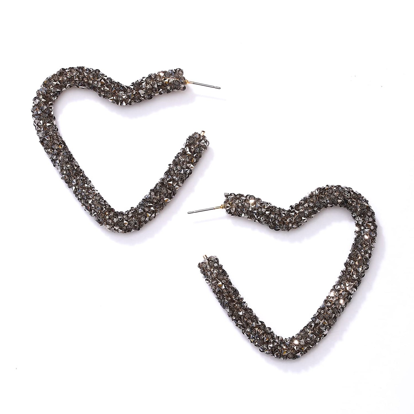 NLCAC Glitter Heart Hoop Earrings Bohemian Sparkle Resin Rhinestone Wrapped Hoop Dangle Earrings for Women Grey