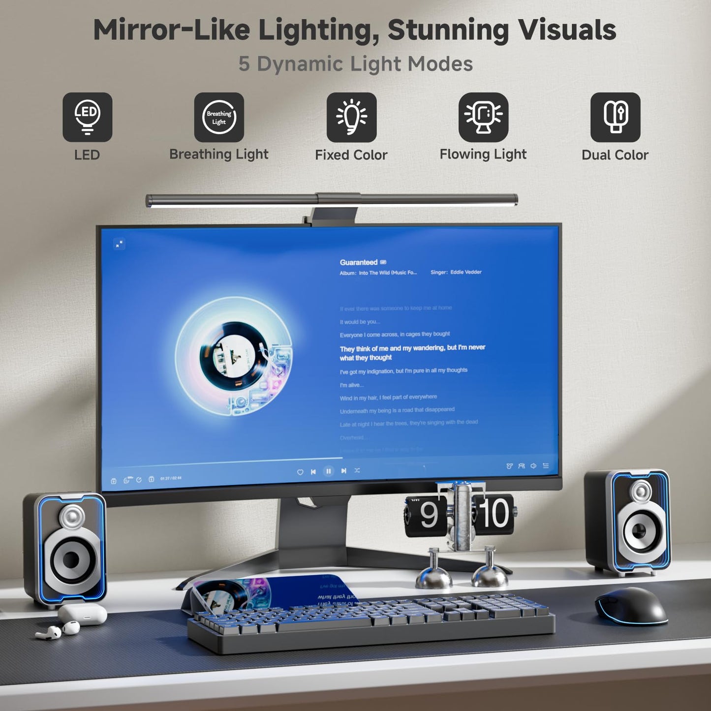 SOULION 2.0 Computer Speakers, 10W USB-Powered Bluetooth Wired PC Speakers with Easy-Control Pod for Desktop, Tiny Desk Soundbar with 5 Mirror-Like LED Light Modes for Monitor Laptop - Black