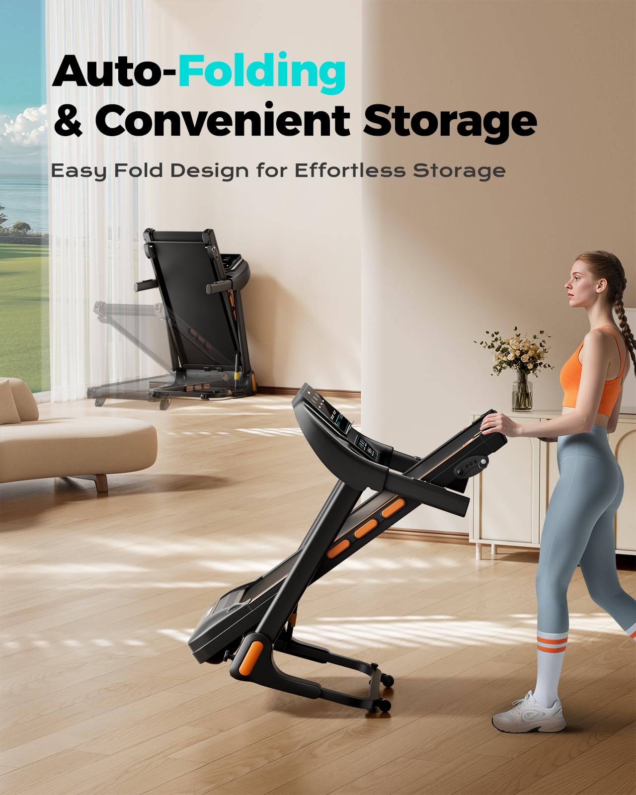 Treadmill for Home, 3.0HP Folding Treadmill with Incline, 300 lbs Capacity, Bluetooth & Heart Rate Sensor, Space-Saving Design