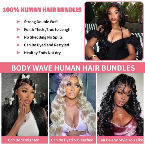 14A Human Hair Bundles 32 Inch Body Wave Bundles Human Hair 100% Unprocessed Brazilian Virgin Hair Body Wave 1 Bundle Human Hair Extensions for Women Natural Color Quick Weave