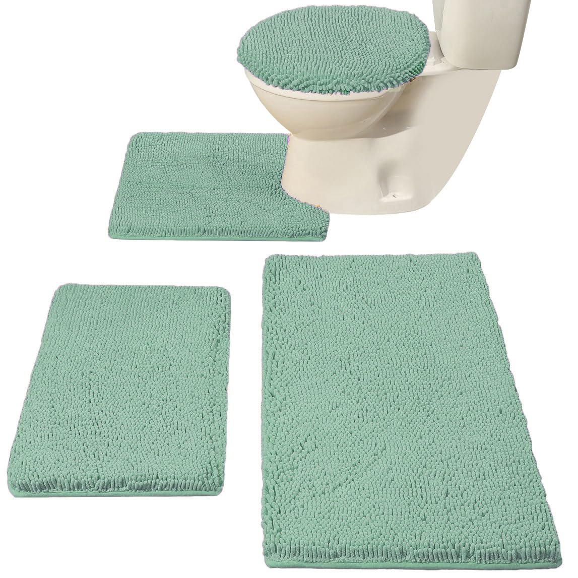 Madeals Bath Accessories - 4 Piece Set with Toilet Lid Cover and U-Shaped Rug, Soft Shaggy Bath Rugs 3 Piece in Sage Green