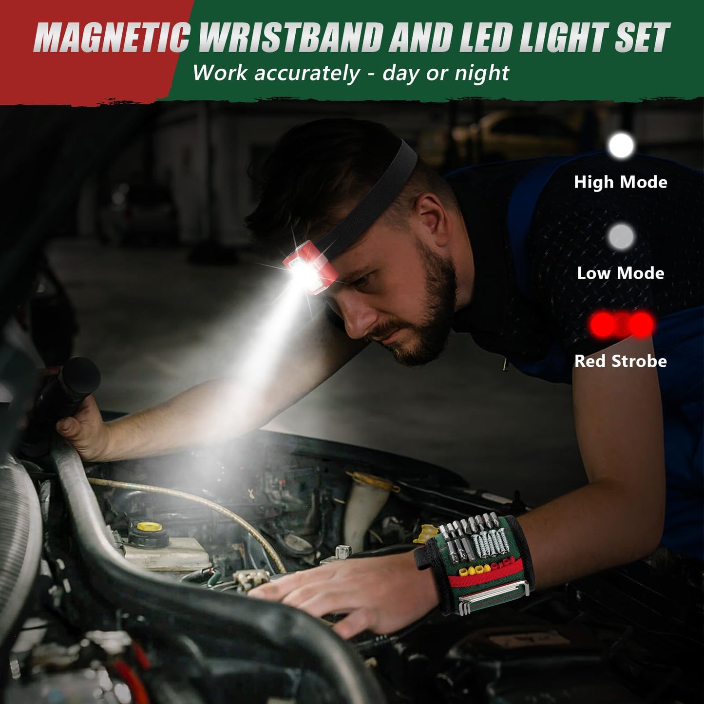 UUP Magnetic Wristband for Tools, Tool Belt Wrist Band with LED Light, 15 Powerful Magnet, Adjustable Wrist Screws Holder, Birthday Gift for Men, Him, Dad, Fathers Day, Mechanics, Woodworker, Handyman