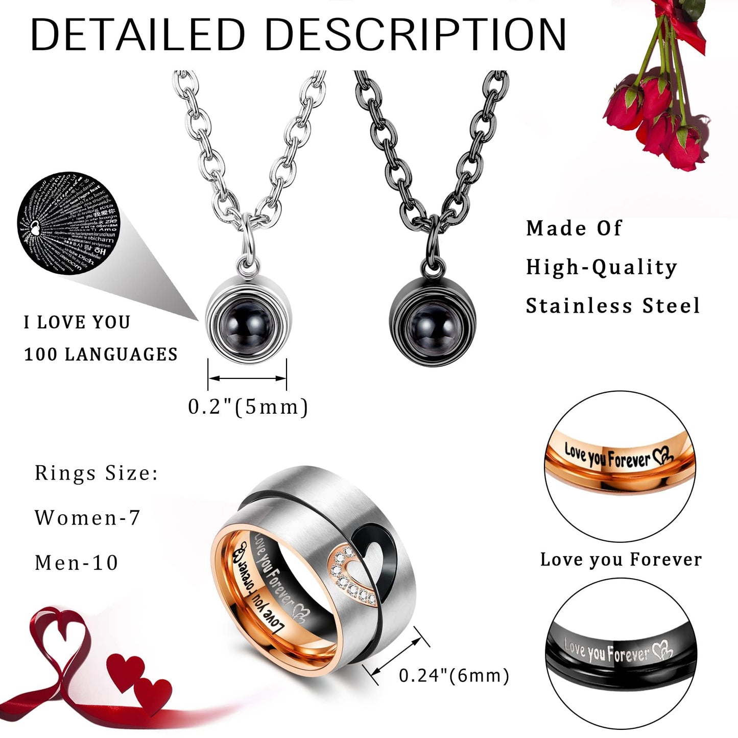 ZELORES Matching Necklaces For Couples I Love You Necklace 100 Languages Matching Promise Rings Pendant Set Stainless Steel Couple Necklace For Him And Her Anniversary Valentine's Day Jewelry Gift