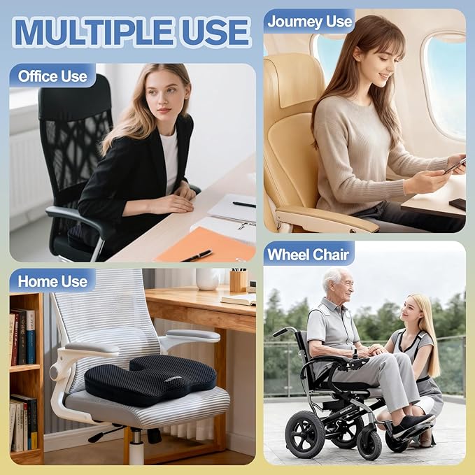 Mureon Seat Cushion for Office Chairs, Large Memory Foam Cushion for Car, Pressure Relief Ergonomic Chair Cushion with Non-Slip Cover for Soft Support for Hip All Day Comfort - Black