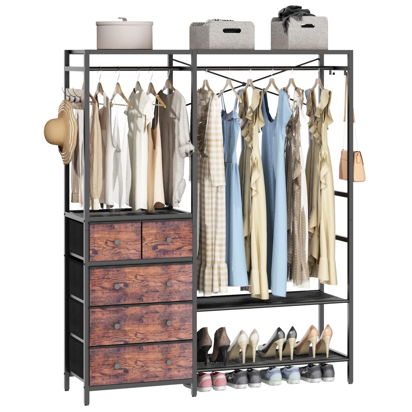 Auromie Clothes Rack with 5 Drawers & 4 Storage Shelves, 59.1W*70.9H Heavy Duty Clothing Rack with 2 Hanging Rods, Wardrobe Closet Organizer System with 5 Hooks, Freestanding Garment Rack (Rustic)