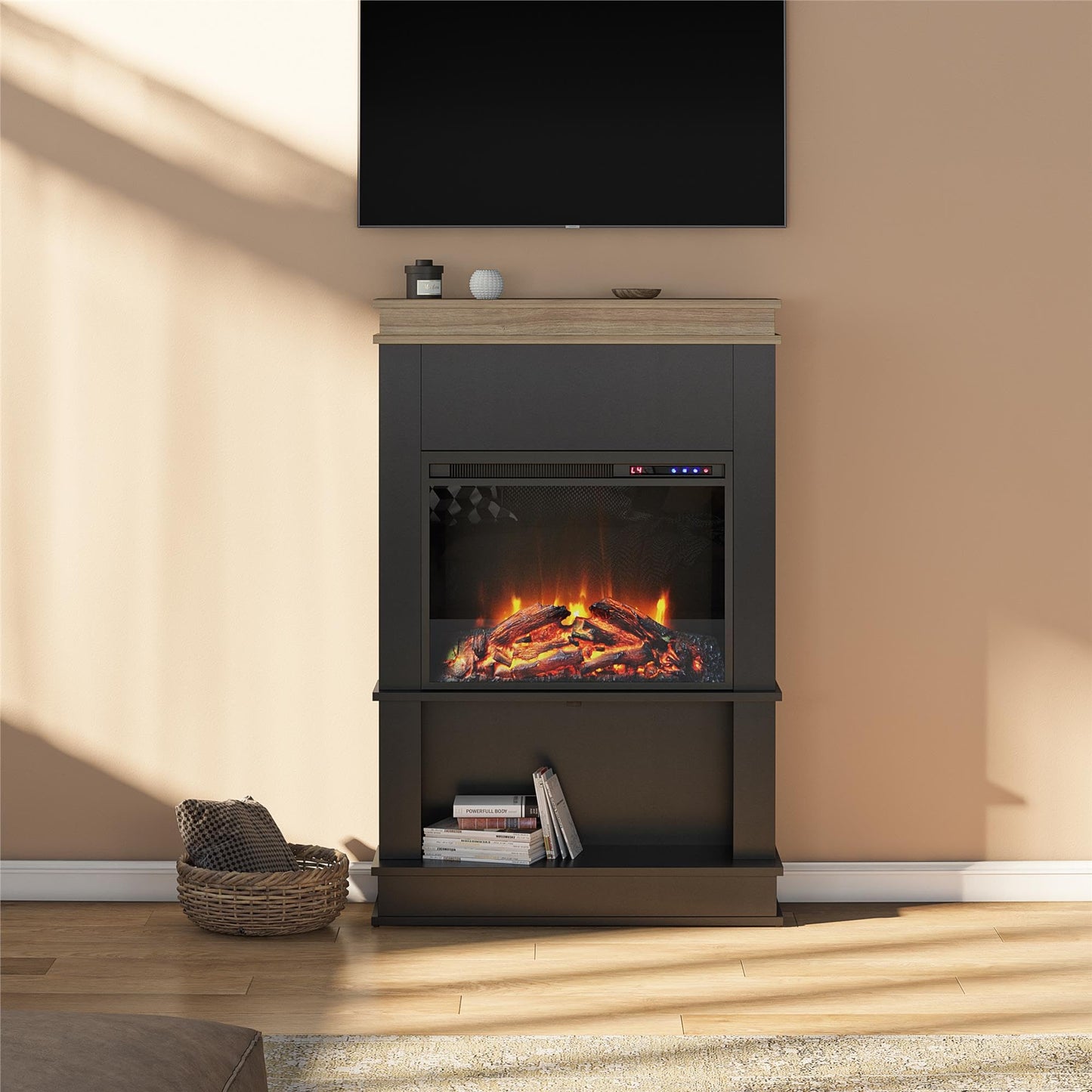 Ameriwood Home Mateo 30" Electric Fireplace, Black, Engineered Wood, Freestanding, Remote Control, Realistic Log & Flame Effect, Model 1081501COM