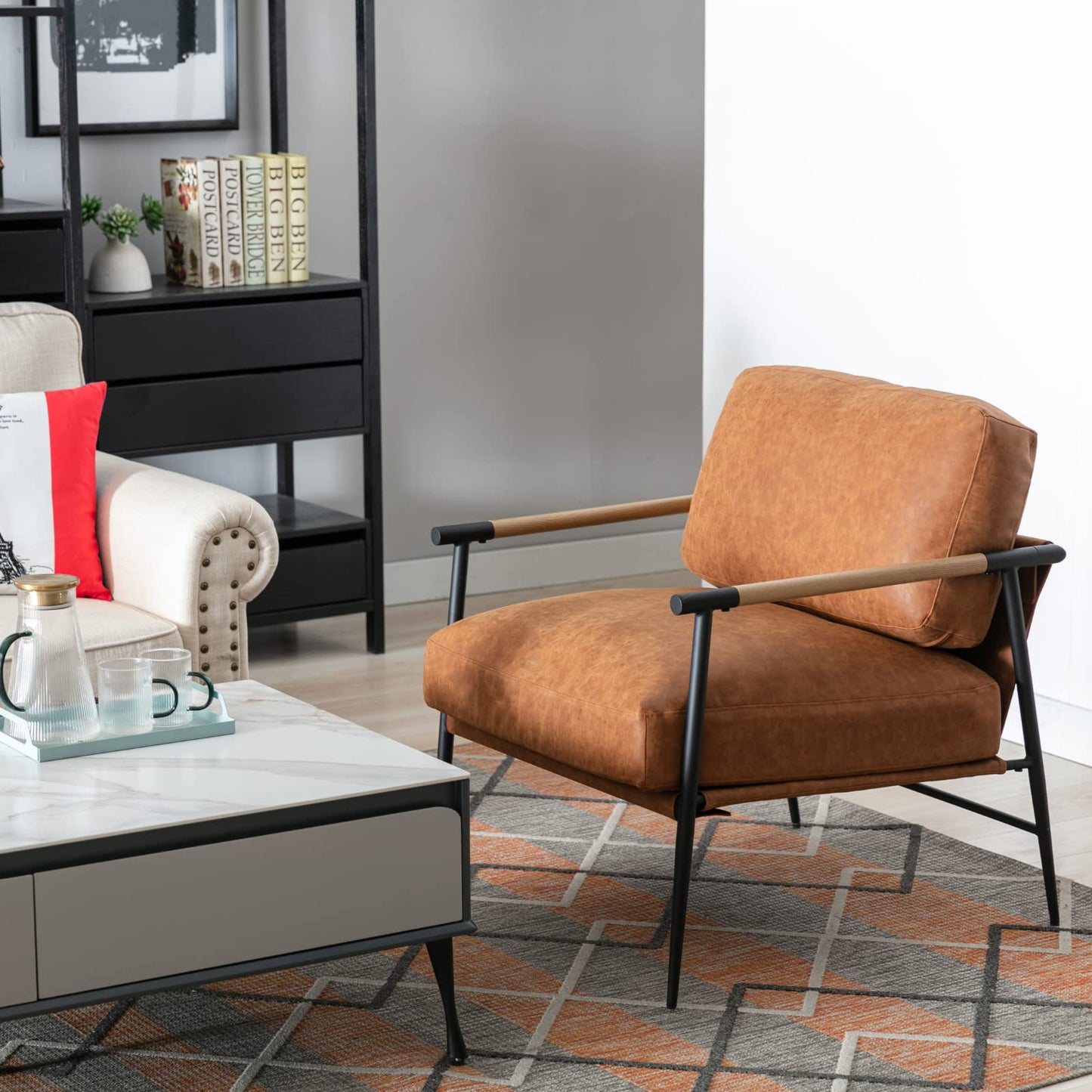 Ya-Home Mid-Century Accent Chair Set of 2, Soft Armchair PU Leather Lounge Chair with Black Metal Legs, Upholstered Leisure Chair for Living Room Bedroom Reception Room, Brown