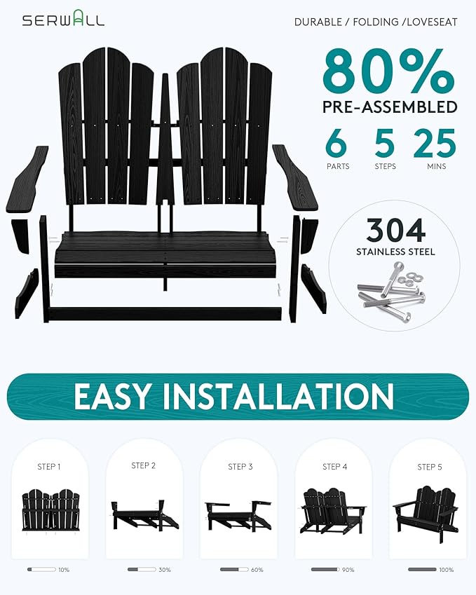 SERWALL 3 Pieces Patio Adirondack Bench Set, 2 Folding Adirondack Bench and 1 Coffee Table Set for Front Porch Garden Balcony Backyard, Black