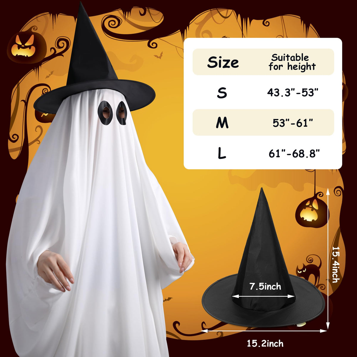 PURPLE STAR 1N Halloween Ghost Costume for Kids Adult- White Ghost Cloak Costume with Witch Hat- Spooky Halloween Ghost Costumes Fancy Dress Cosplay for Party Trick-or-Treating (Small)