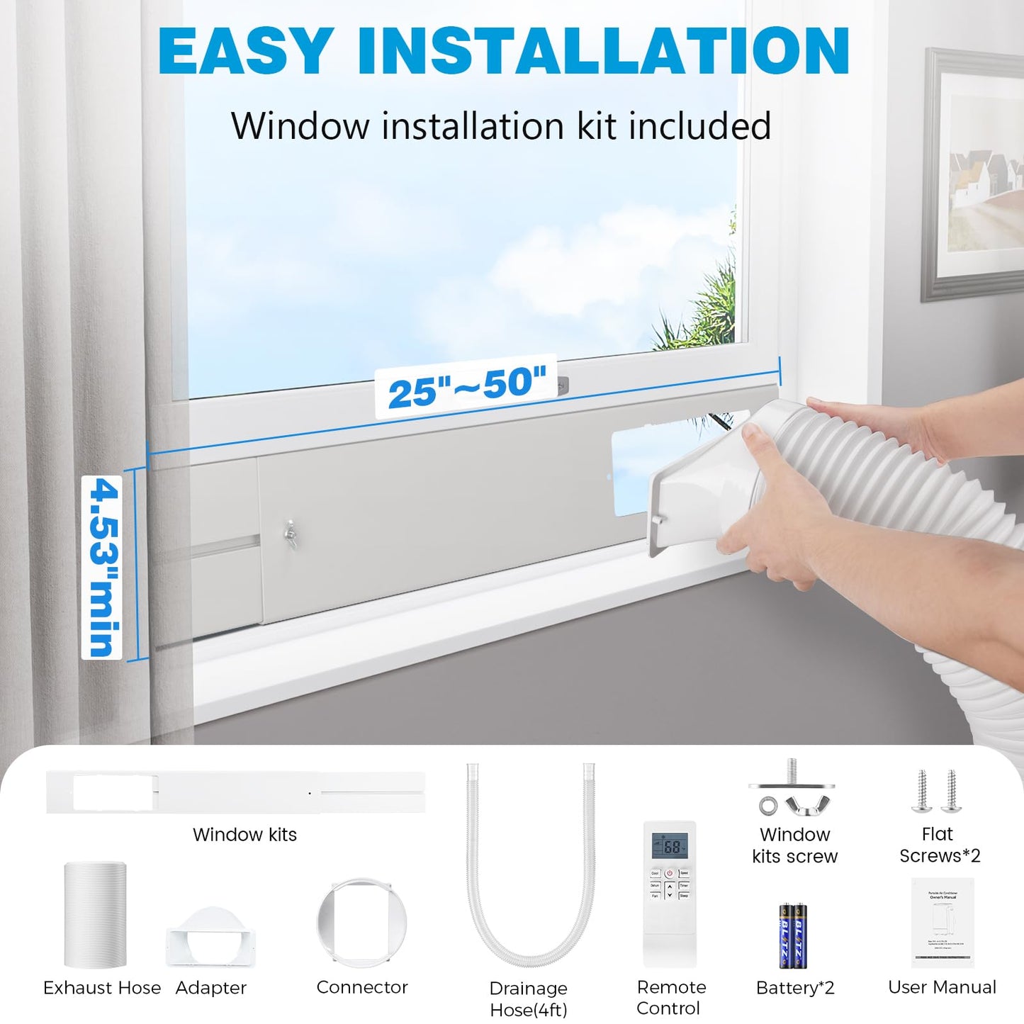 Electactic Portable Air Conditioner 8,000 BTU, 3-in-1 AC Cooler Dehumidifier Fan with LED Display, Remote Control, Quiet, Sleep Mode, 360ยฐ Casters, Window Kit for Room Office Apartment Garage