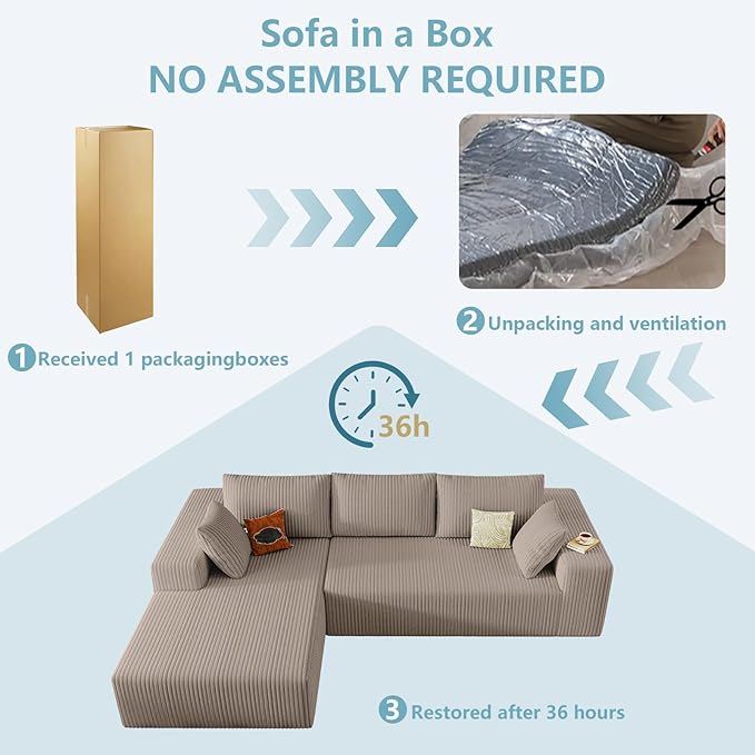 96" Cloud Sectional Couch with L-Shape Chaise, Modern Corduroy Boneless Couch for Living Room,Memory Foam Sofa with Deep Seat,No Assembly Required (Camel,Left-Facing Chaise)
