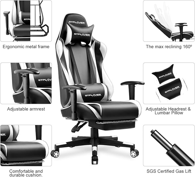 GTPLAYER Gaming Chair with Footrest, Ergonomic Computer Game Desk Chair, Reclining Game Chair Seat Height Adjustment, Swivel Rocker with Headrest and Lumbar (White)