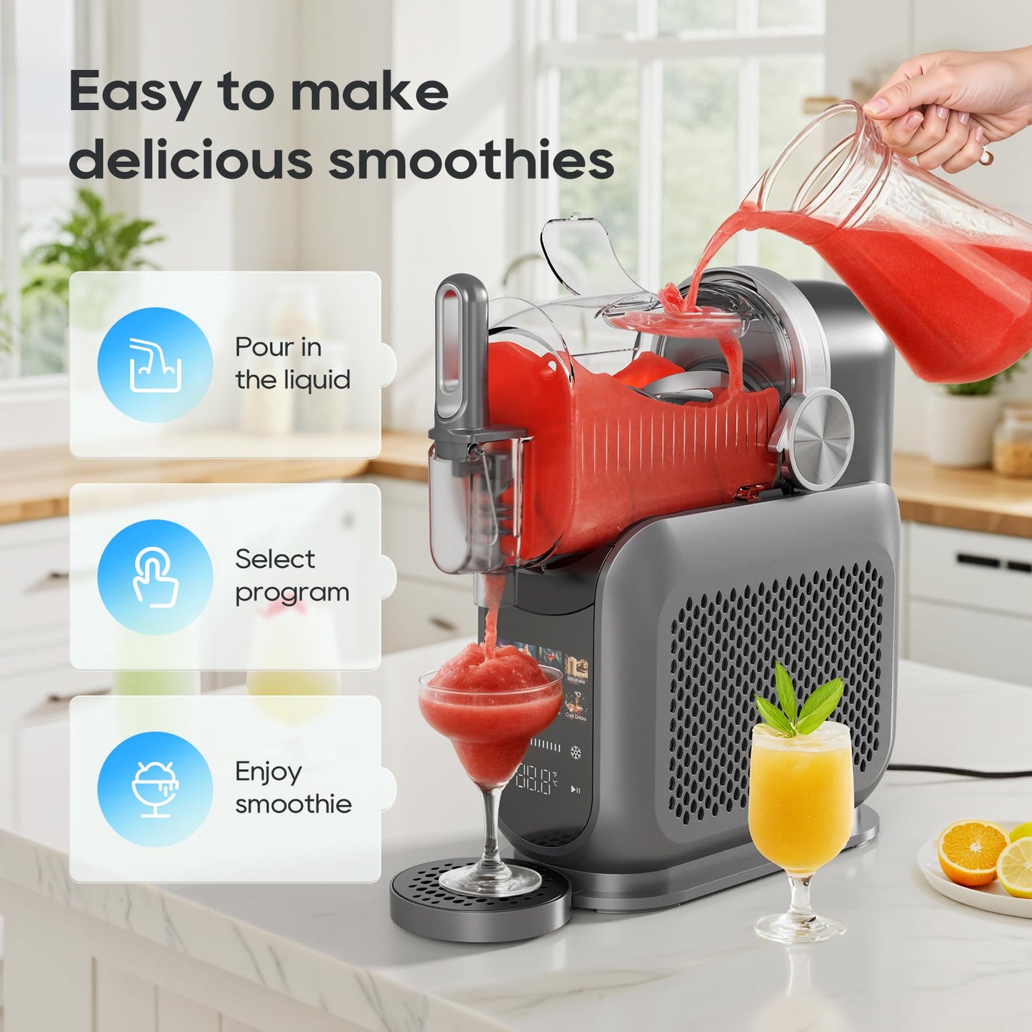 POFABIK Slushie Machine for Home, 88oz No Ice Needed Slushy Machine for Home, 6 Preset Programs Frozen Drink Maker with Recipe LED Display Self-Clean, Slushie Maker for Margaritas, Frappés, Milk Shake