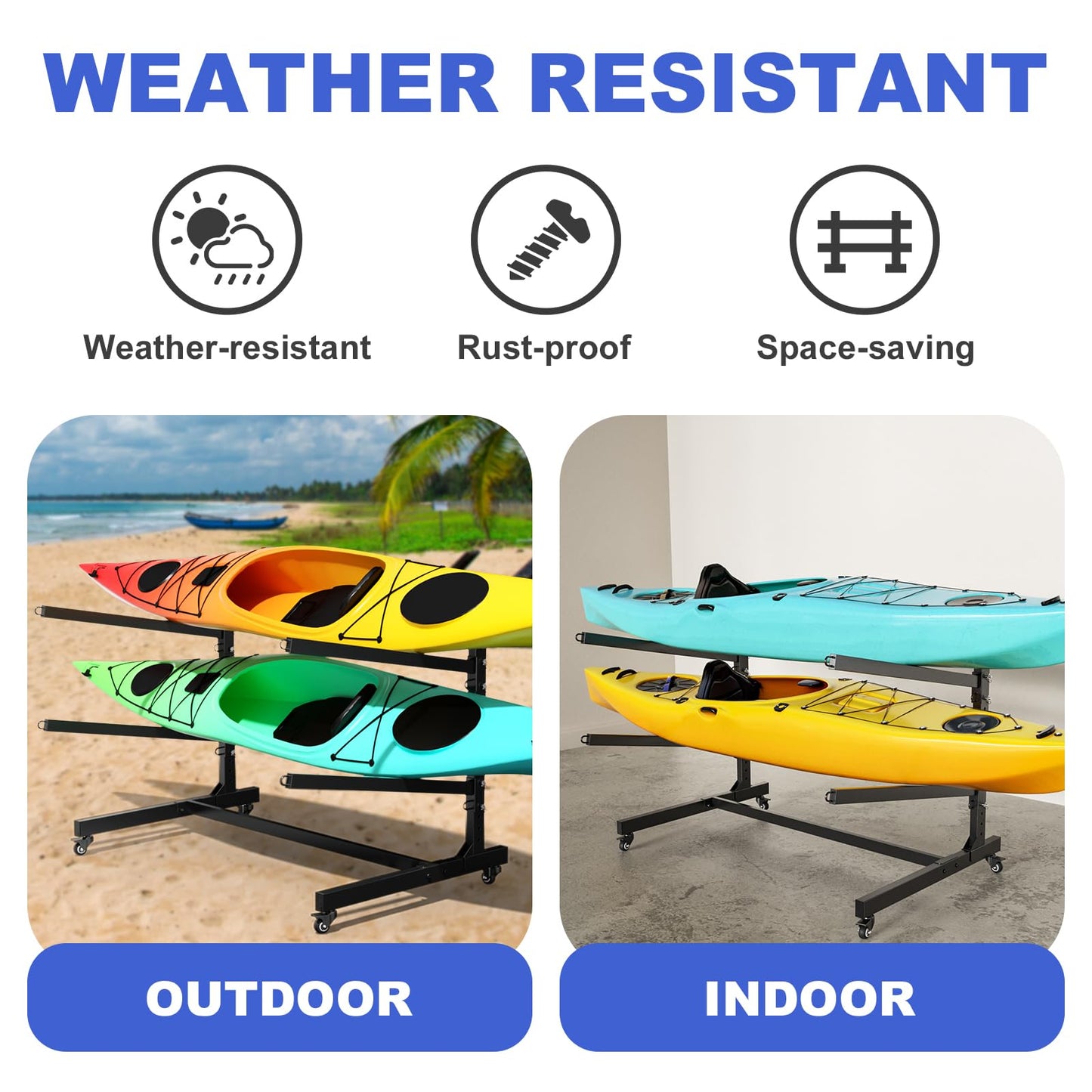 Baotree 2 Levels Heavy Duty Freestanding Kayak Storage Rack with Lockable Wheels, Adjustable Metal Stand for 2 Kayaks, Canoes, SUPs, Paddleboards & Surfboards, Indoor & Outdoor Use