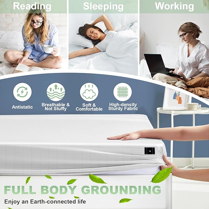 CHALTOUL Grounding Sheets Queen Size Premium Cotton for Healthy Sleep Therapy, Deep Pocket Grounding Fitted Sheets Includes Grounding Cord (Beige, Queen -60"x80"x14")