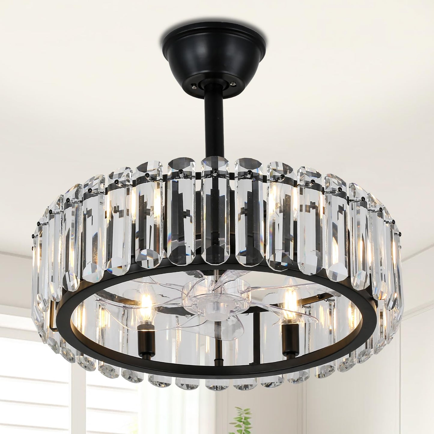FRIXCHUR Crystal Caged Ceiling Fan with Lights and Remote 20.7 Inch Black Fandelier Semi Flush Mount 6 Speed Reversible Chandelier for Dining Bedroom Living Room Kitchen E12 x 6 Bulbs Not Included
